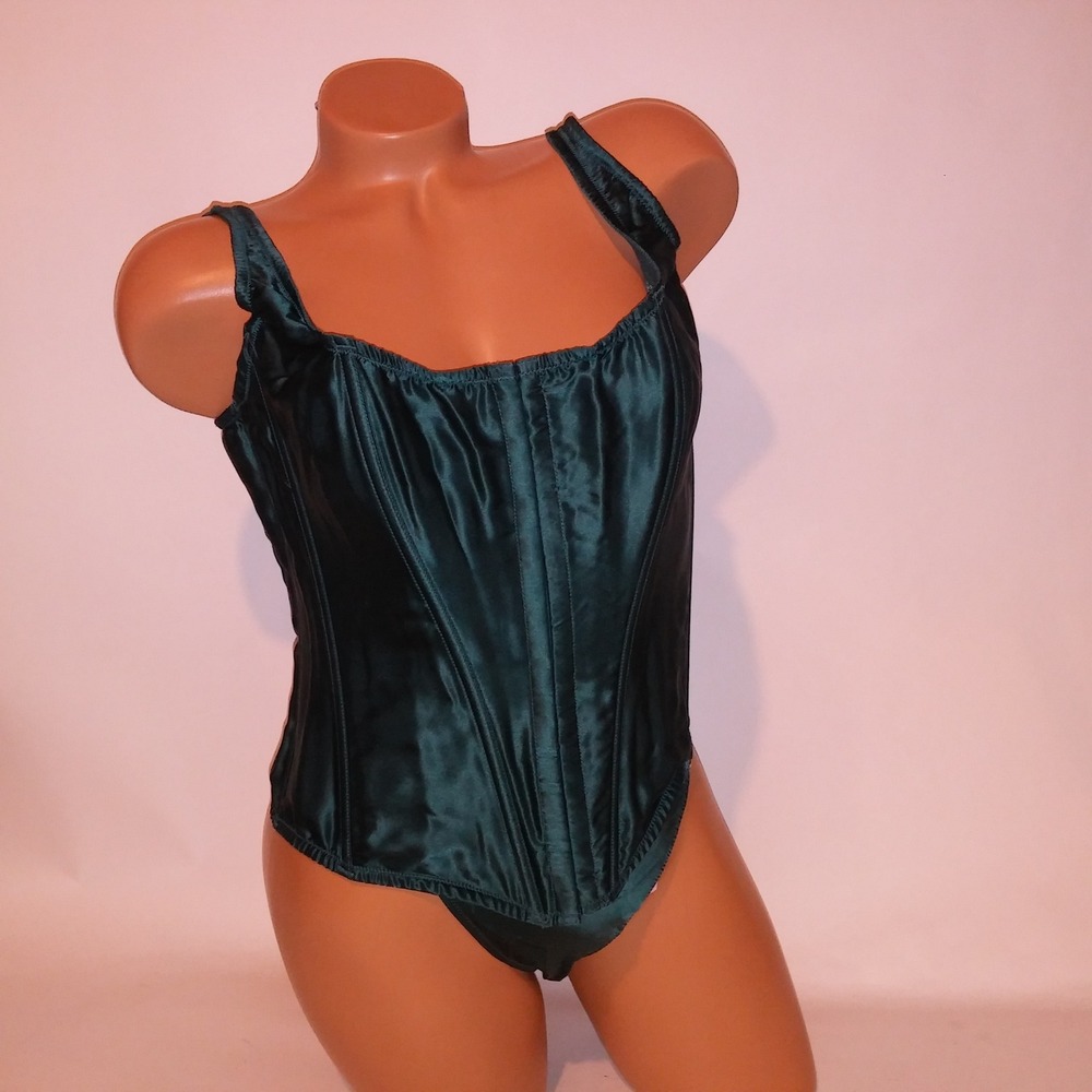 Victoria Secret Lingerie Set Bustier & Thong Panty Large Dark Green 100% Silk